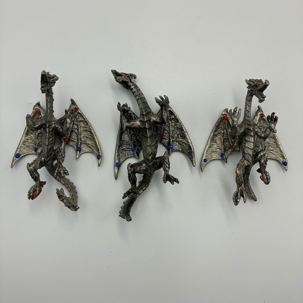 Set of 3 Pewter Metal Dragon Figurines with Red and Blue Rhinestone Accents